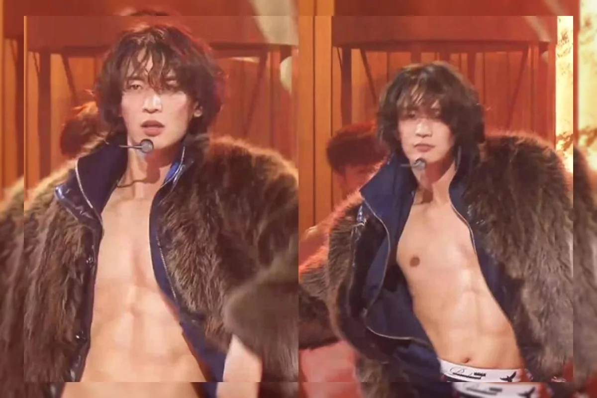 Minho SHINee tampil di Inkigayo dengan jaket bulu tanpa kemeja