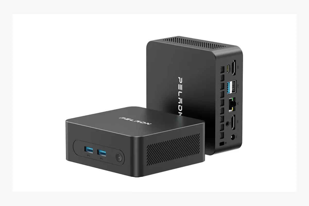 Ilustrasi mini PC kompak dengan dukungan tiga layar