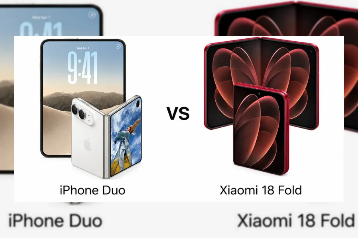 Ilustrasi perbandingan iPhone Duo dan Xiaomi 18 Fold