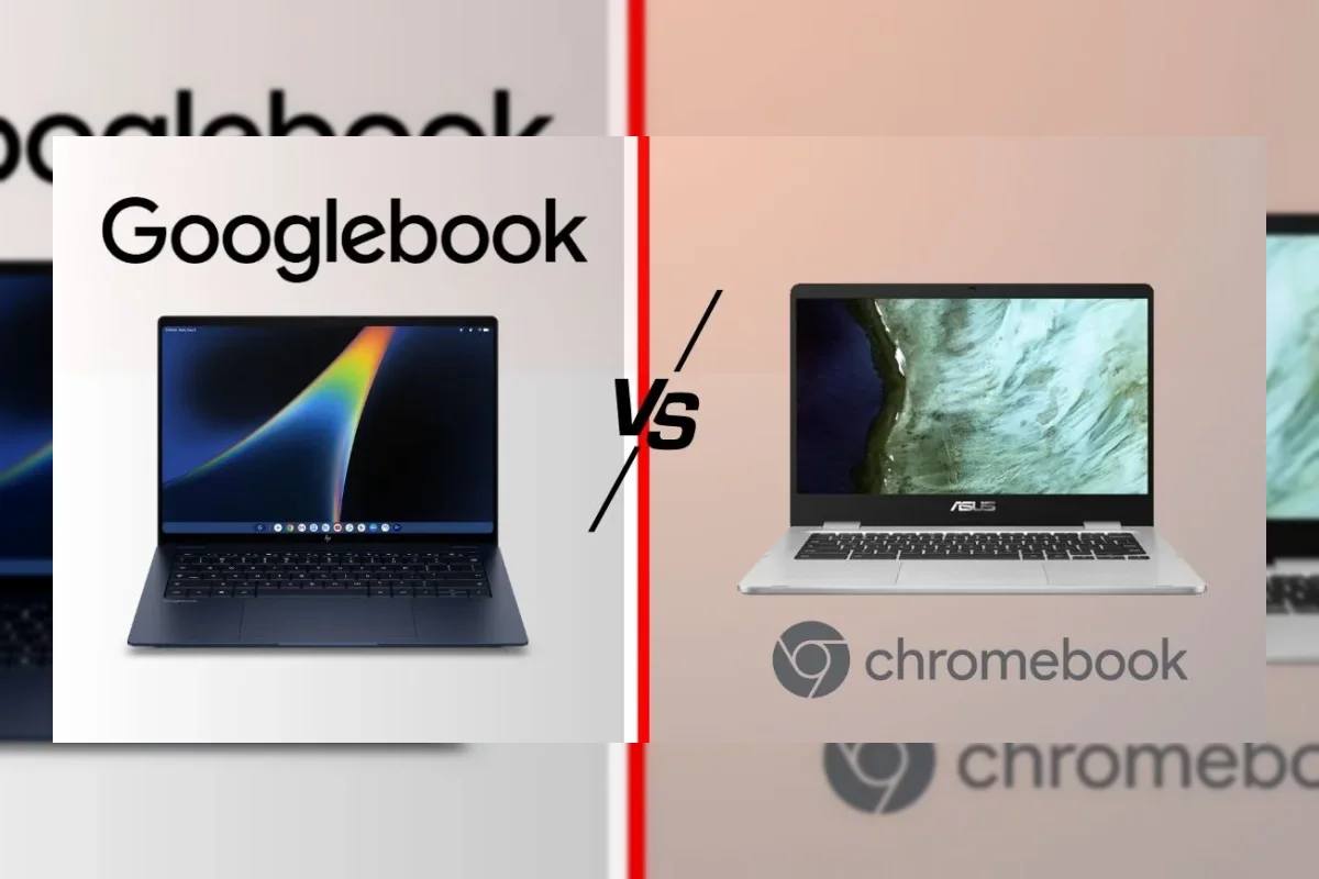 Ilustrasi laptop Googlebook dan Chromebook dengan sistem operasi Android