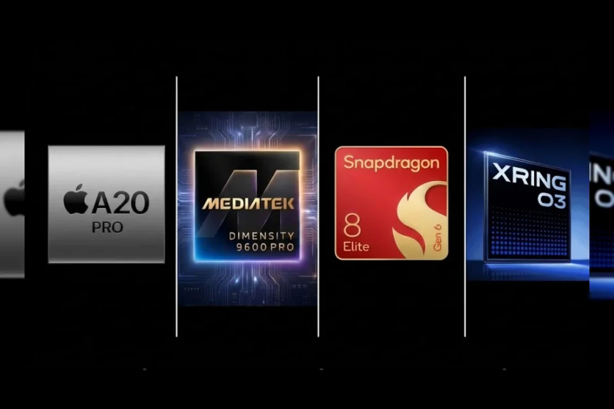 Ilustrasi perbandingan chip flagship 2026 Snapdragon, A20 Pro, XRING O3, dan Dimensity 9600 Pro
