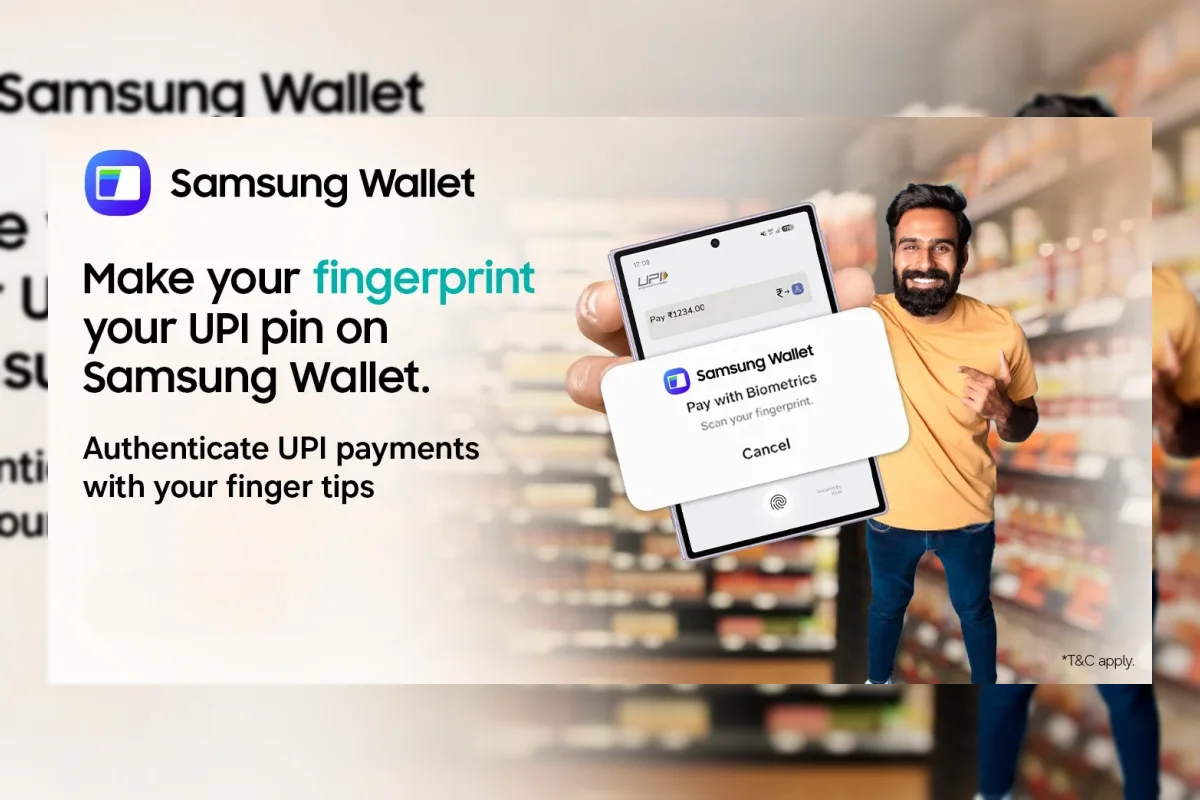 Ilustrasi Samsung Wallet dengan autentikasi sidik jari untuk UPI dan penawaran TV soundbar