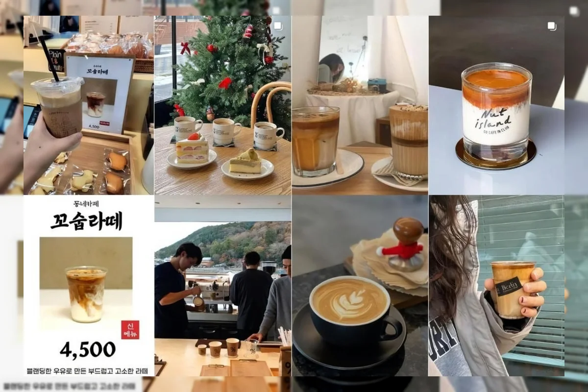 Segelas kkosup latte dengan susu pekat dan espresso di kafe Korea