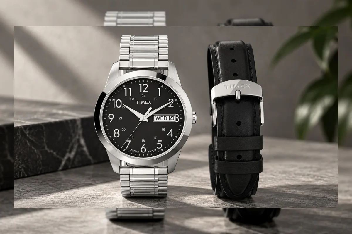 Jam tangan Timex Main Street Round Black Dial TWG027900JQ dengan tali kulit dan stainless steel
