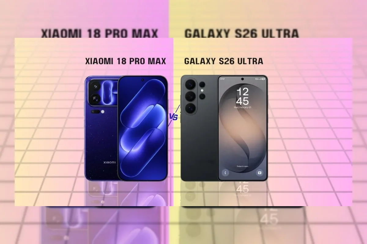 Ilustrasi perbandingan Xiaomi 18 Pro Max dan Samsung Galaxy S26 Ultra
