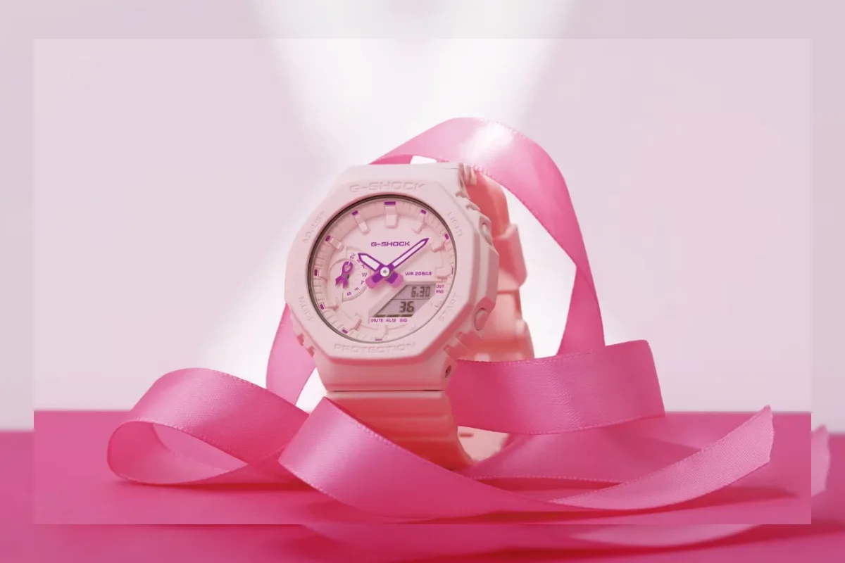 Jam tangan Casio G-Shock GMAS2100PR-4A berwarna pink pastel dengan indikator pita pink