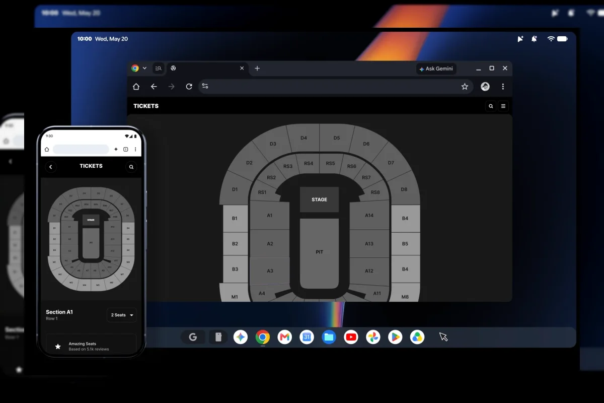 Ilustrasi laptop Googlebook dengan keterkaitan Android dan ponsel