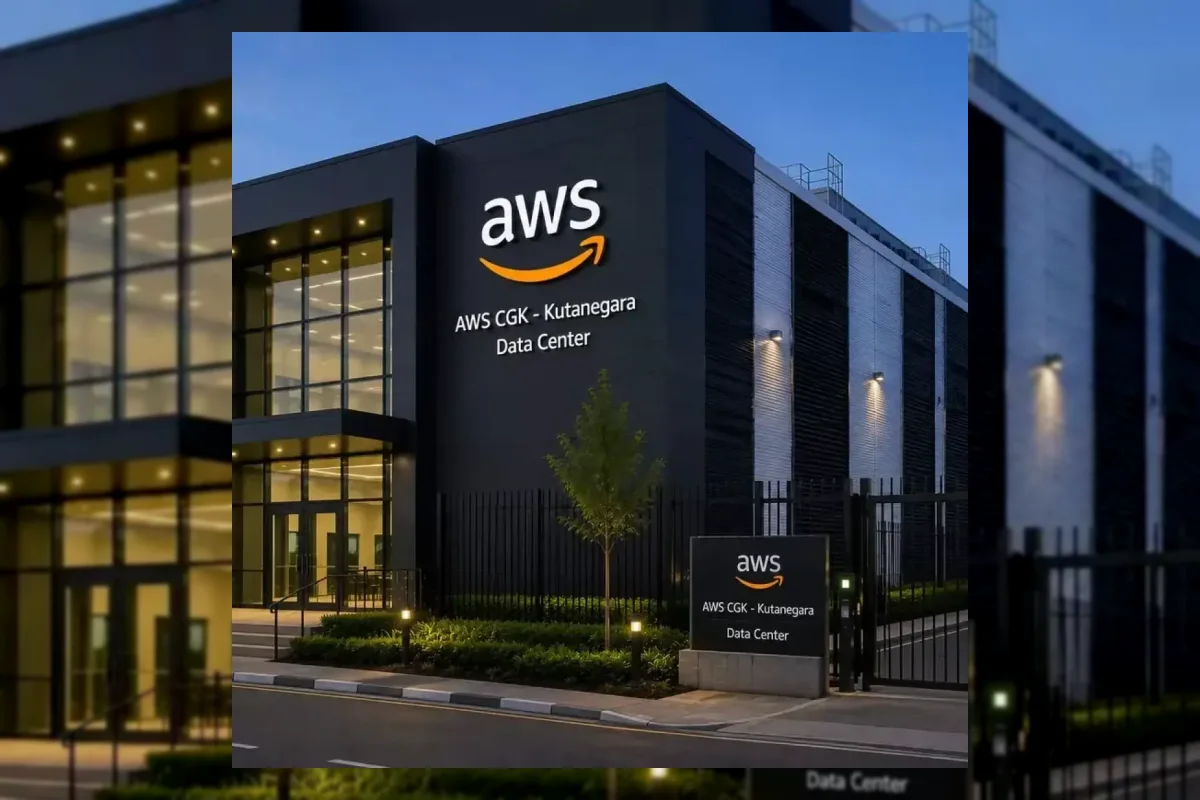 Ilustrasi pusat data Amazon Web Services dengan server komputasi AI