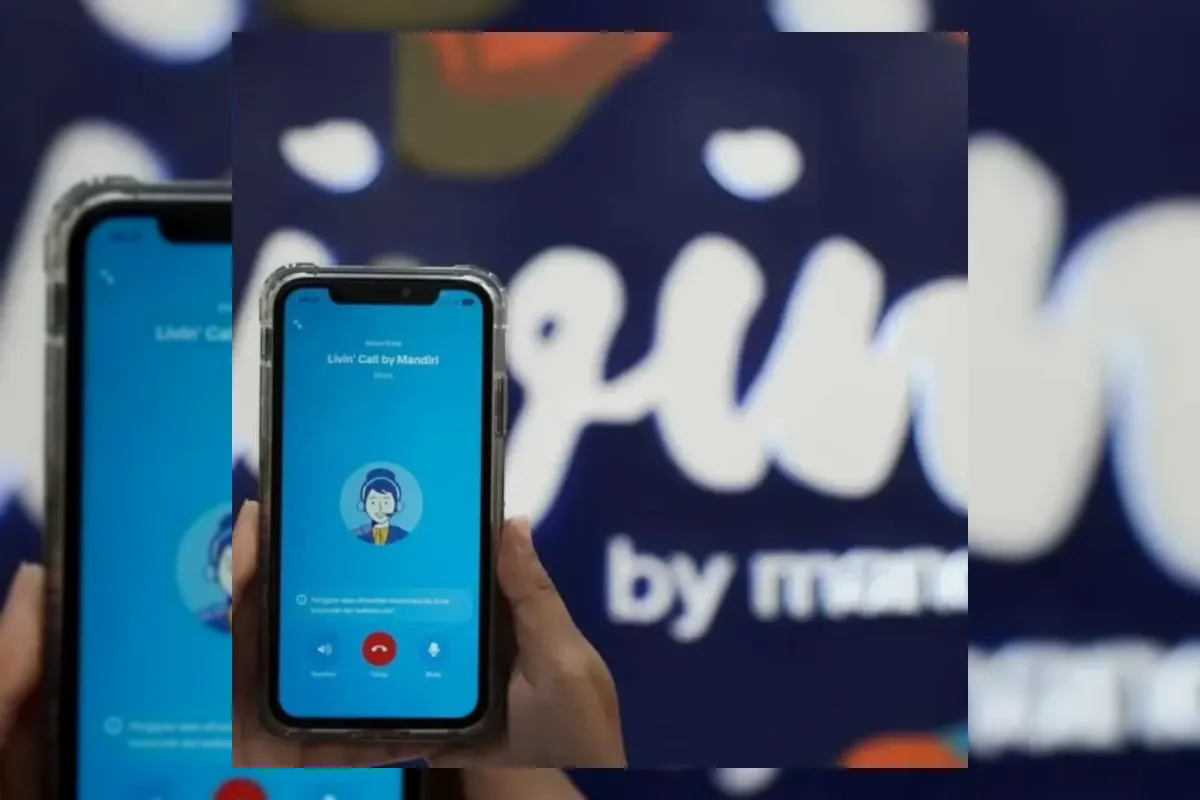 Ilustrasi aplikasi Livin by Mandiri dengan pengguna dan transaksi digital