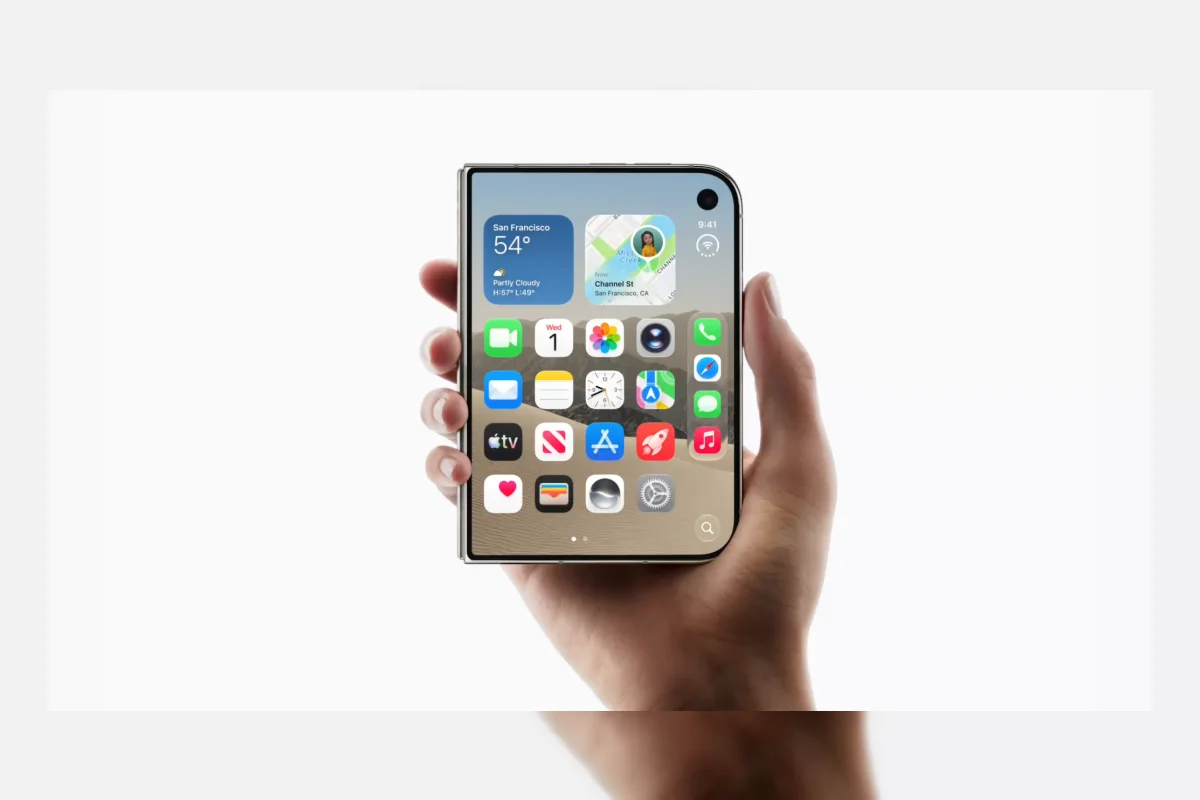 Ilustrasi ponsel lipat iPhone Duo dengan fitur Reachability untuk pengguna tangan kiri